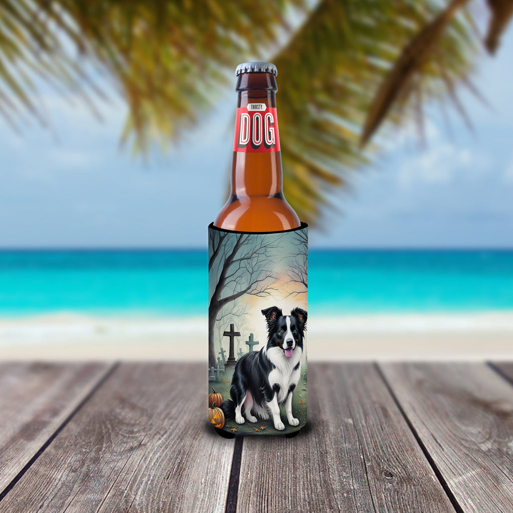 Border Collie Spooky Halloween Slim Can Hugger , Insulated Foam Hugger for 12 oz Slim Cans, Beer Bottles & Water Bottles, Printed in USA