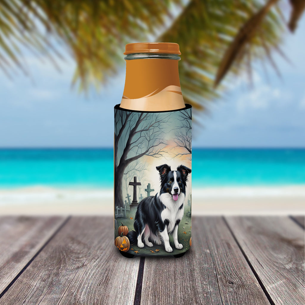 Border Collie Spooky Halloween Slim Can Hugger , Insulated Foam Hugger for 12 oz Slim Cans, Beer Bottles & Water Bottles, Printed in USA
