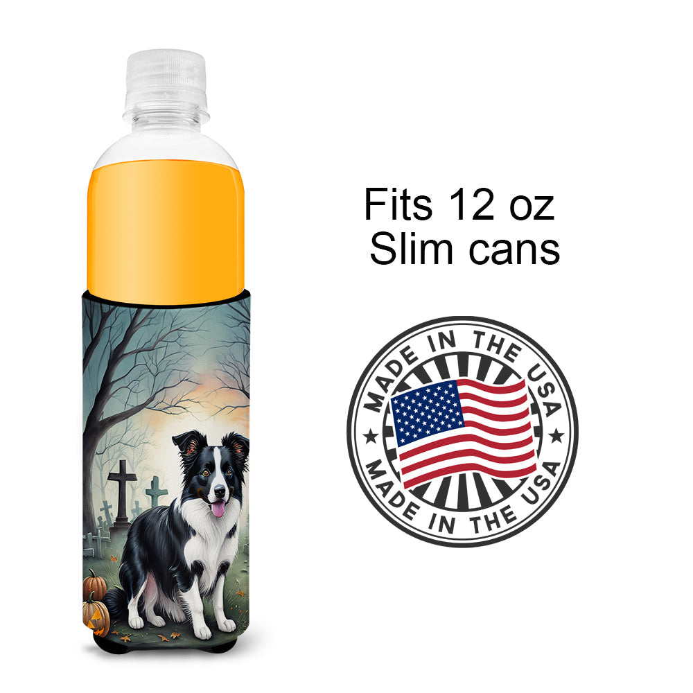 Border Collie Spooky Halloween Slim Can Hugger , Insulated Foam Hugger for 12 oz Slim Cans, Beer Bottles & Water Bottles, Printed in USA