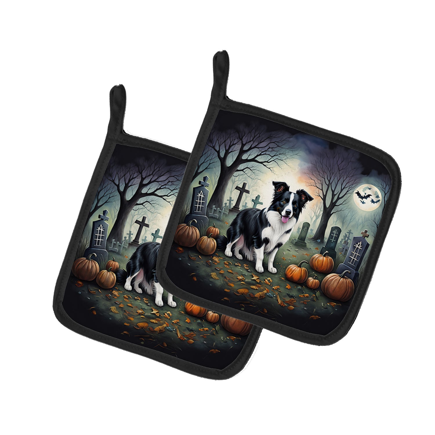 Border Collie Spooky Halloween Pot Holder Set of 2 Heat Resistant Quilted Hot Pads 7.5 x 7.5 Inch, Insulated Kitchen Trivets for Cooking & Baking
