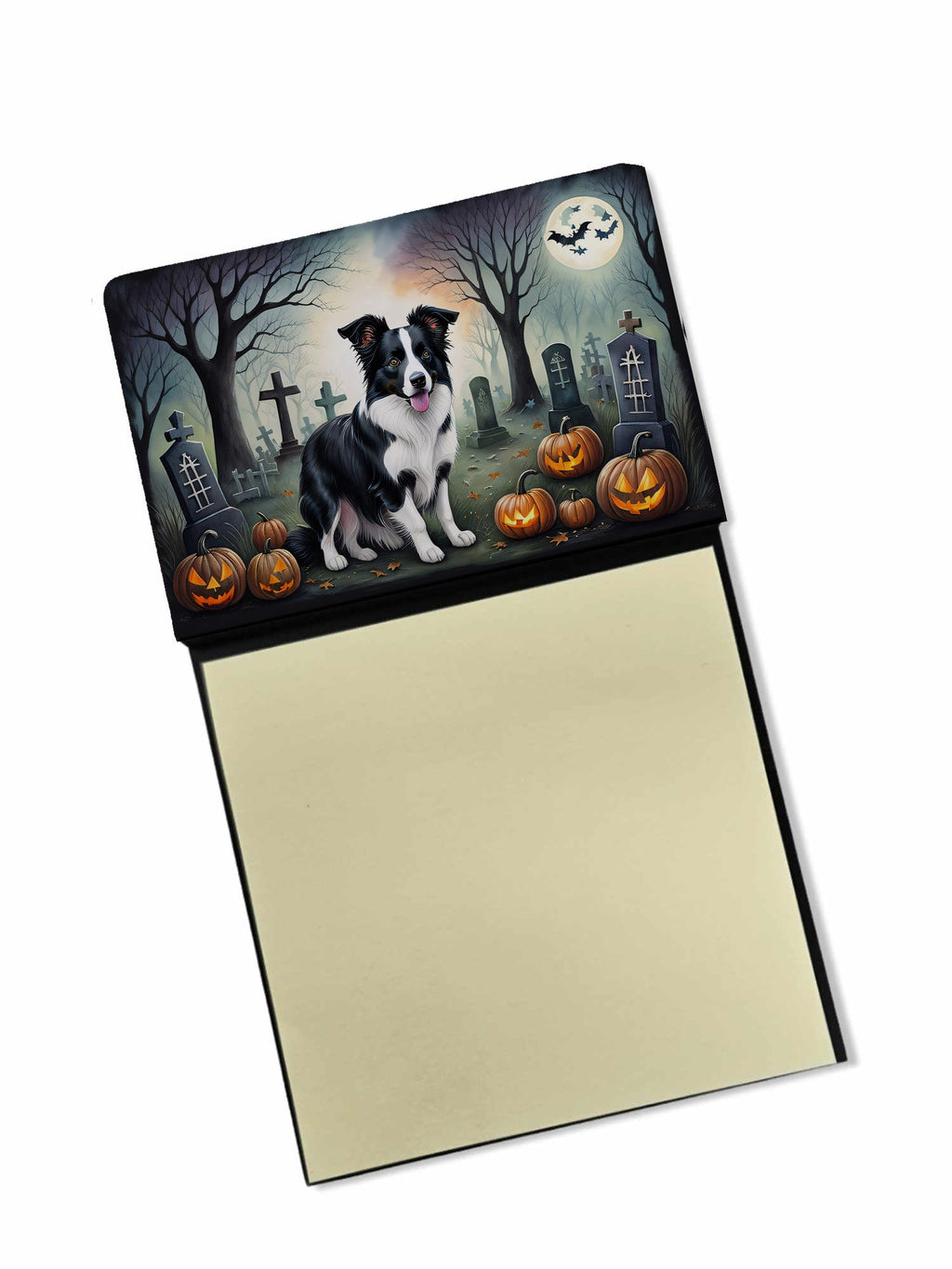 Border Collie Spooky Halloween Watercolor Sticky Note Holder Refillable Dispenser Desk Accessory 3x3 Pad Gift