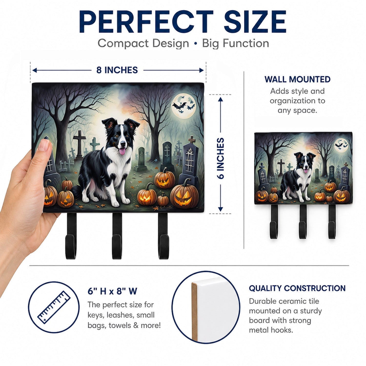 Border Collie Spooky Halloween Leash or Key Holder Wall Hooks, Coat Rack Wall Mount, for Hanging Keys, Towels, Aprons, Leashes