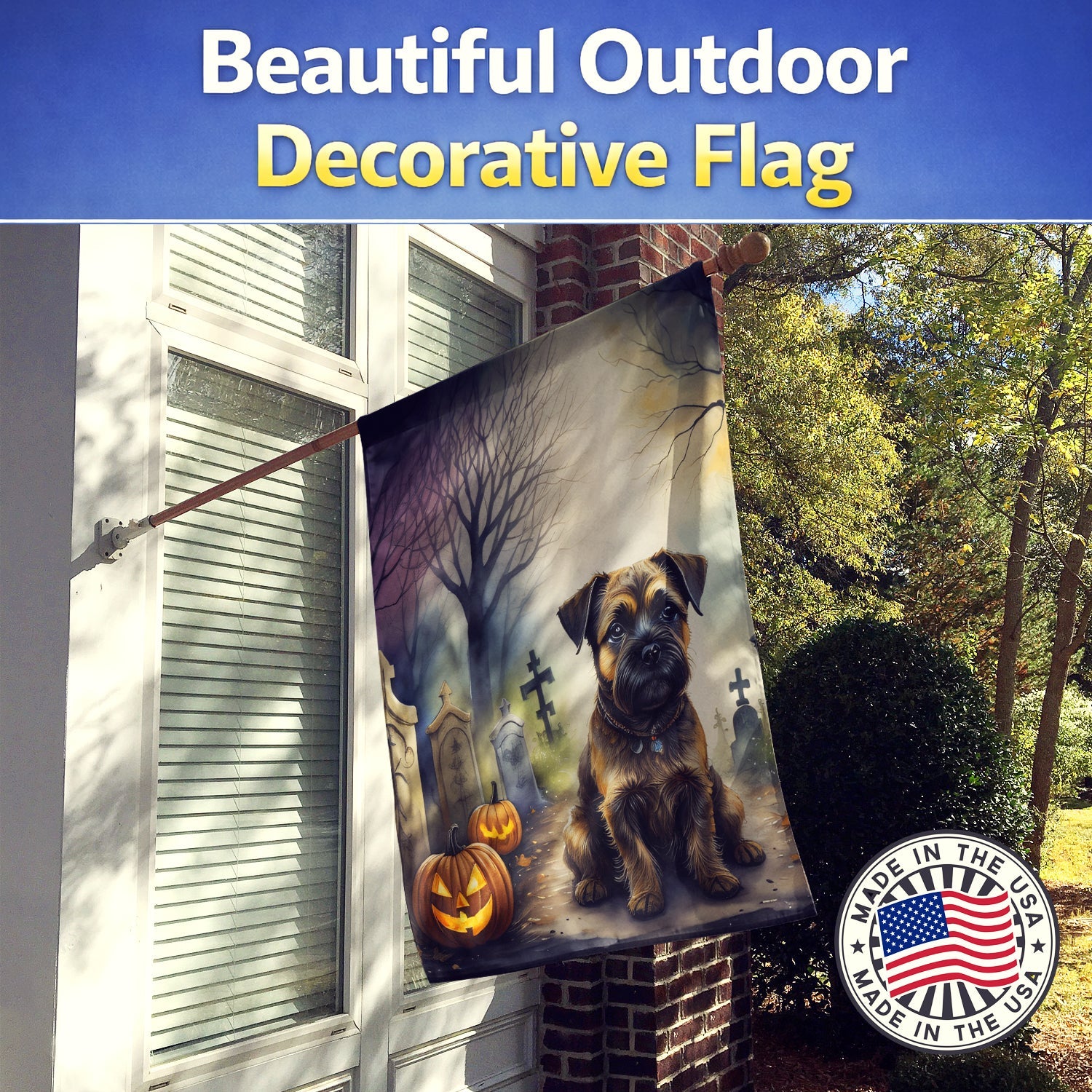 Border Terrier Spooky Halloween House Flag 28x40 Porch Sleeve Pole Decorative Outside Yard Banner Artwork Wall Hanging, Polyester