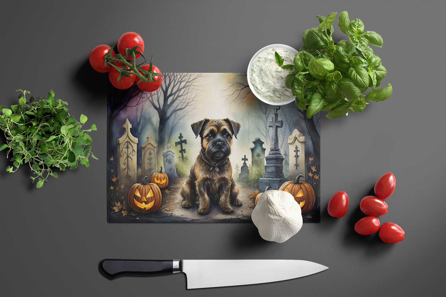 Border Terrier Spooky Halloween Cutting Board Tempered Glass Kitchen Cutting Surface, Heat Resistant Chopping, Non-Slip Feet, Food Prep & Serving