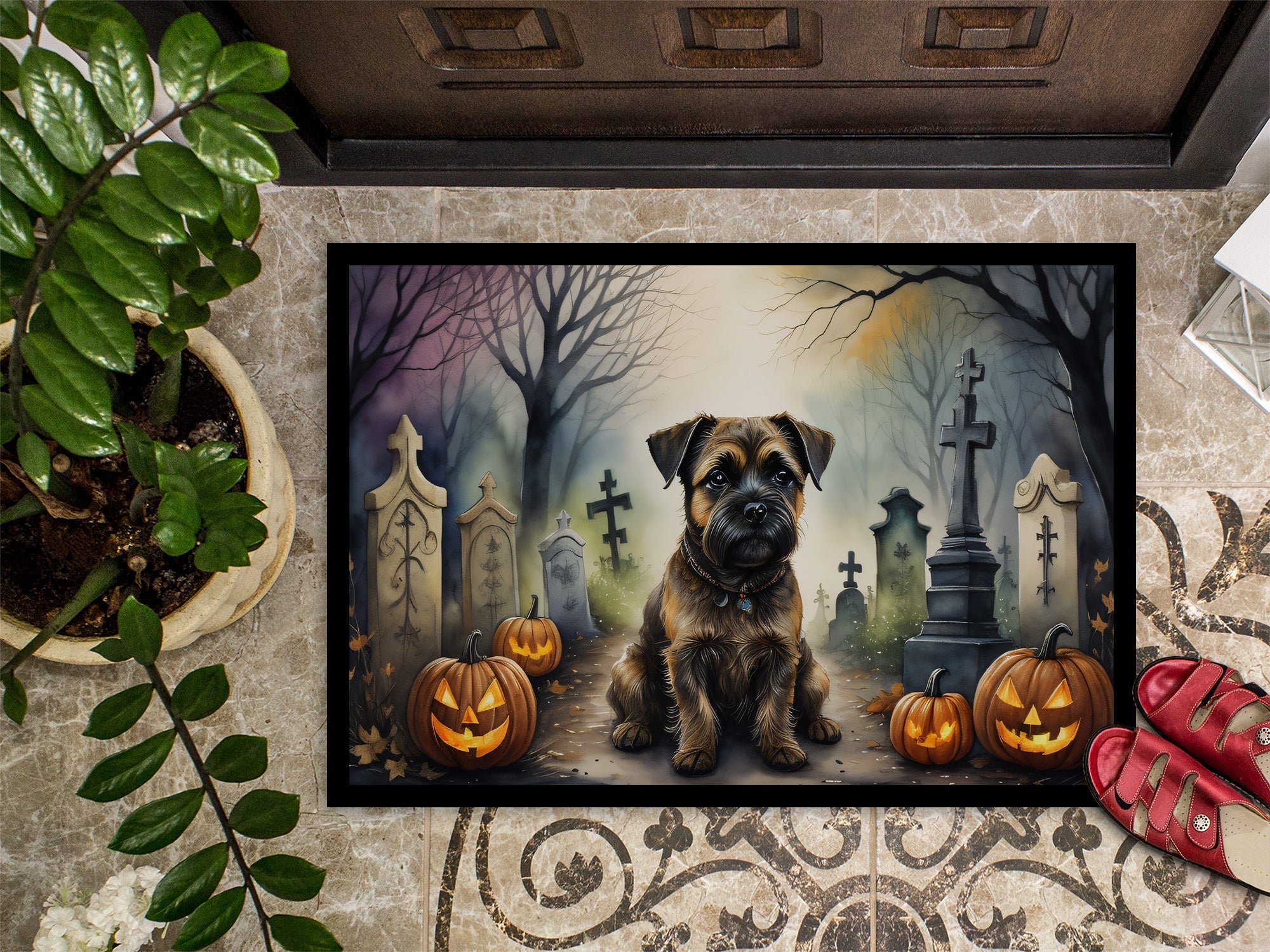 Border Terrier Spooky Halloween Doormat Indoor Outdoor 18H X 27W Front Door Mat Rugs for Entryway, Non Slip Washable