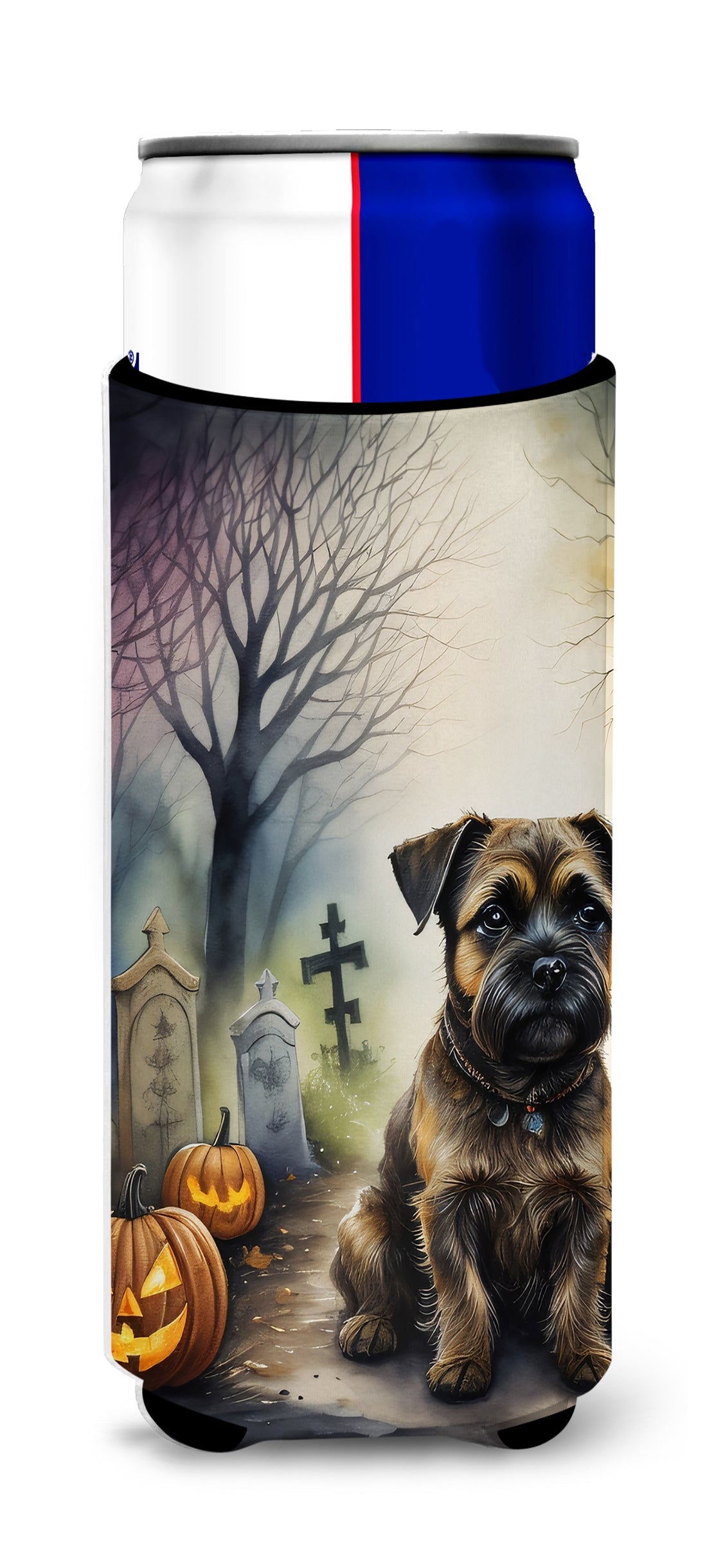 Border Terrier Spooky Halloween Slim Can Hugger , Insulated Foam Hugger for 12 oz Slim Cans, Beer Bottles & Water Bottles, Printed in USA