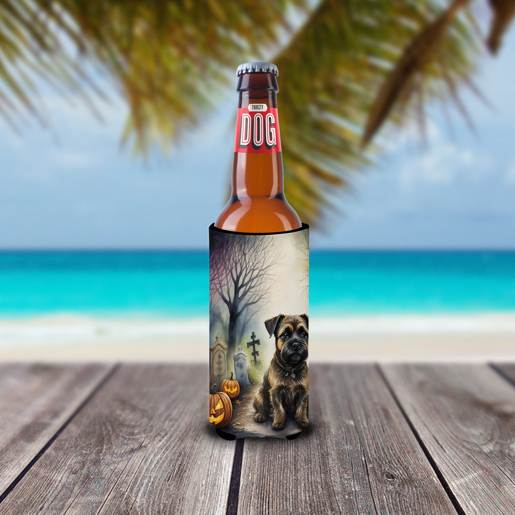 Border Terrier Spooky Halloween Slim Can Hugger , Insulated Foam Hugger for 12 oz Slim Cans, Beer Bottles & Water Bottles, Printed in USA