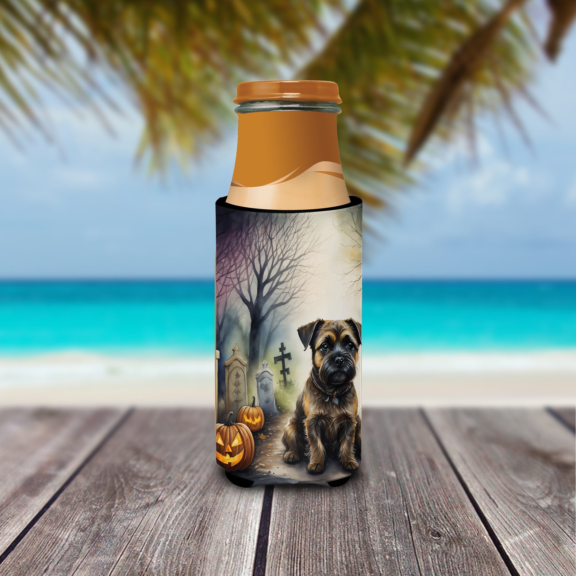 Border Terrier Spooky Halloween Slim Can Hugger , Insulated Foam Hugger for 12 oz Slim Cans, Beer Bottles & Water Bottles, Printed in USA