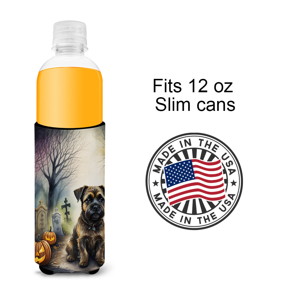 Border Terrier Spooky Halloween Slim Can Hugger , Insulated Foam Hugger for 12 oz Slim Cans, Beer Bottles & Water Bottles, Printed in USA