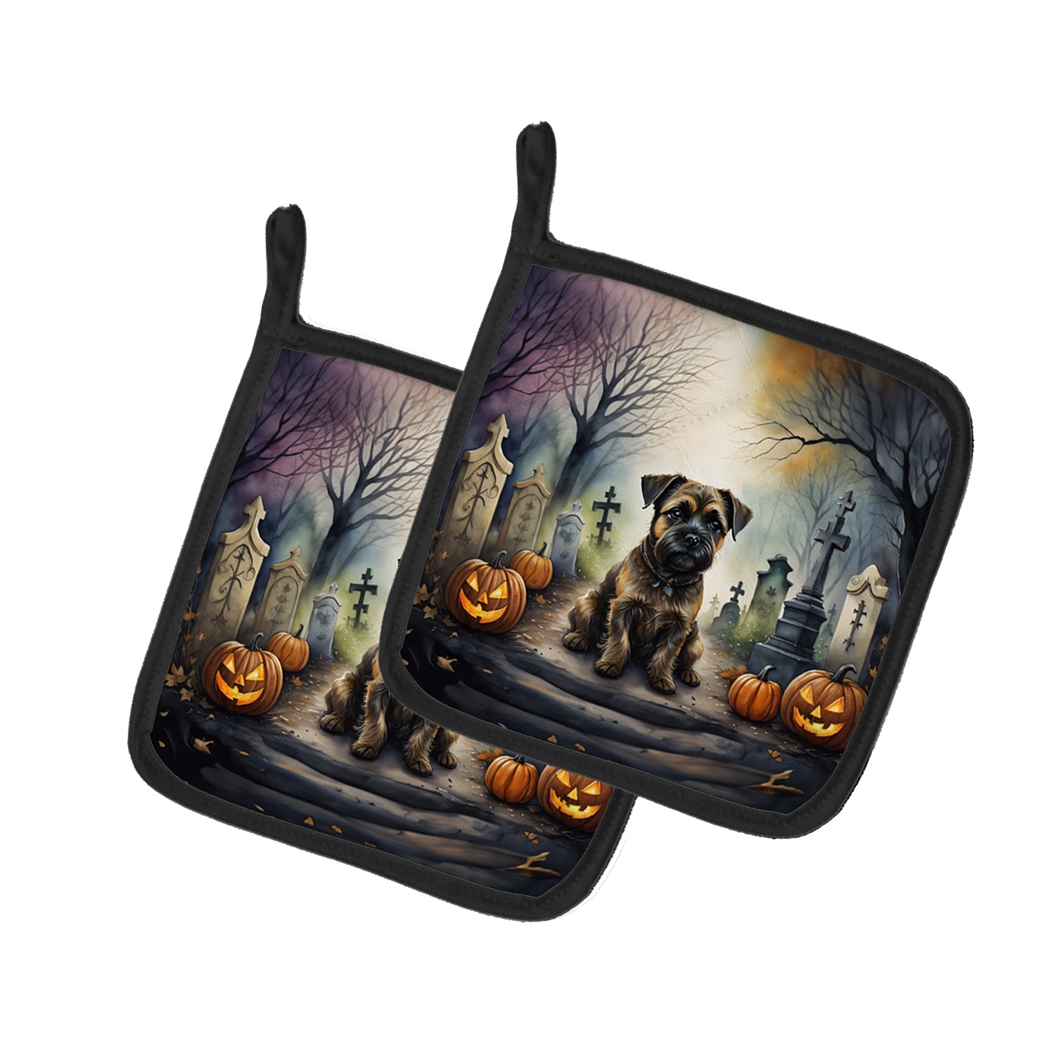 Border Terrier Spooky Halloween Pot Holder Set of 2 Heat Resistant Quilted Hot Pads 7.5 x 7.5 Inch, Insulated Kitchen Trivets for Cooking & Baking