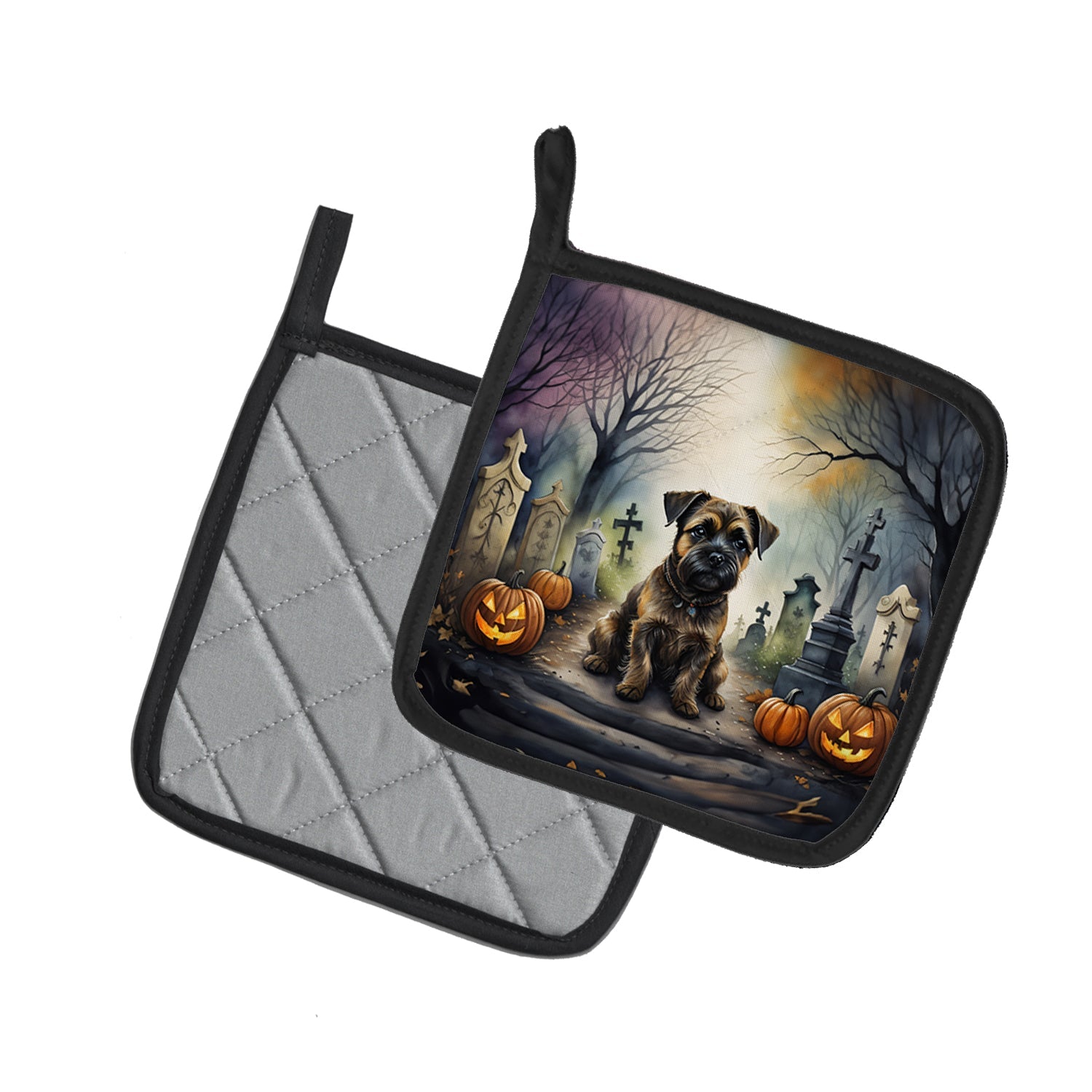 Border Terrier Spooky Halloween Pot Holder Set of 2 Heat Resistant Quilted Hot Pads 7.5 x 7.5 Inch, Insulated Kitchen Trivets for Cooking & Baking