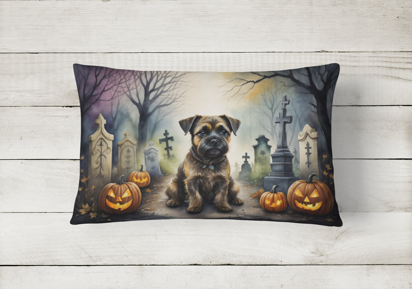 Border Terrier Spooky Halloween Decorative Throw Pillow 12x16 Indoor Outdoor Accent Cushion, Fabric Cover with Insert for Sofa, Bed, Porch & Living Room