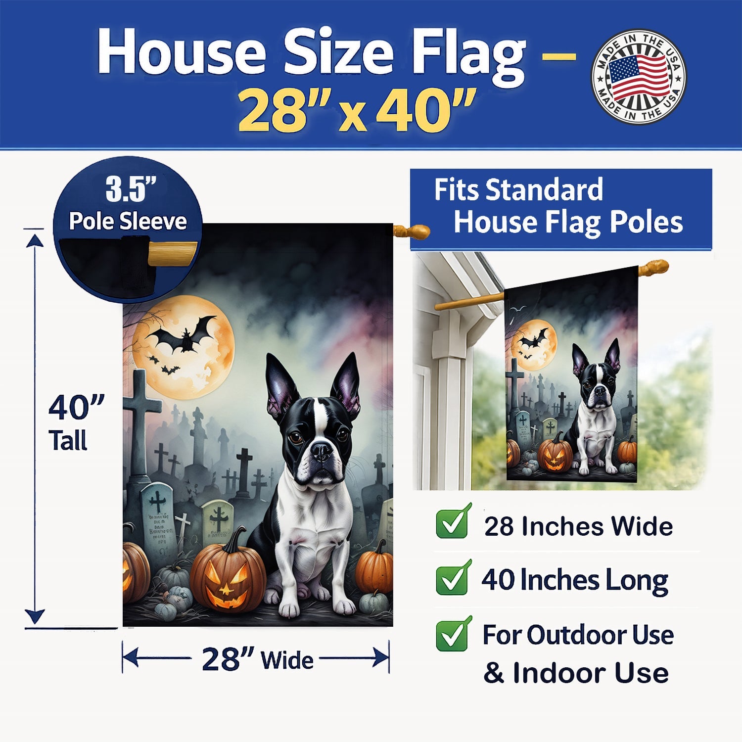Boston Terrier Spooky Halloween House Flag 28x40 Porch Sleeve Pole Decorative Outside Yard Banner Artwork Wall Hanging, Polyester