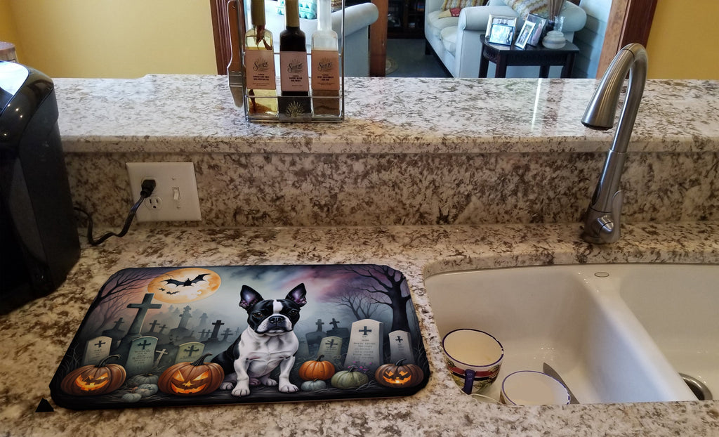 Boston Terrier Spooky Halloween Dish Drying Mat Absorbent Dish Drying Mat Pad for Kitchen Counter Dish Drainer Mat for Countertop, 14 x 21", Multicolor