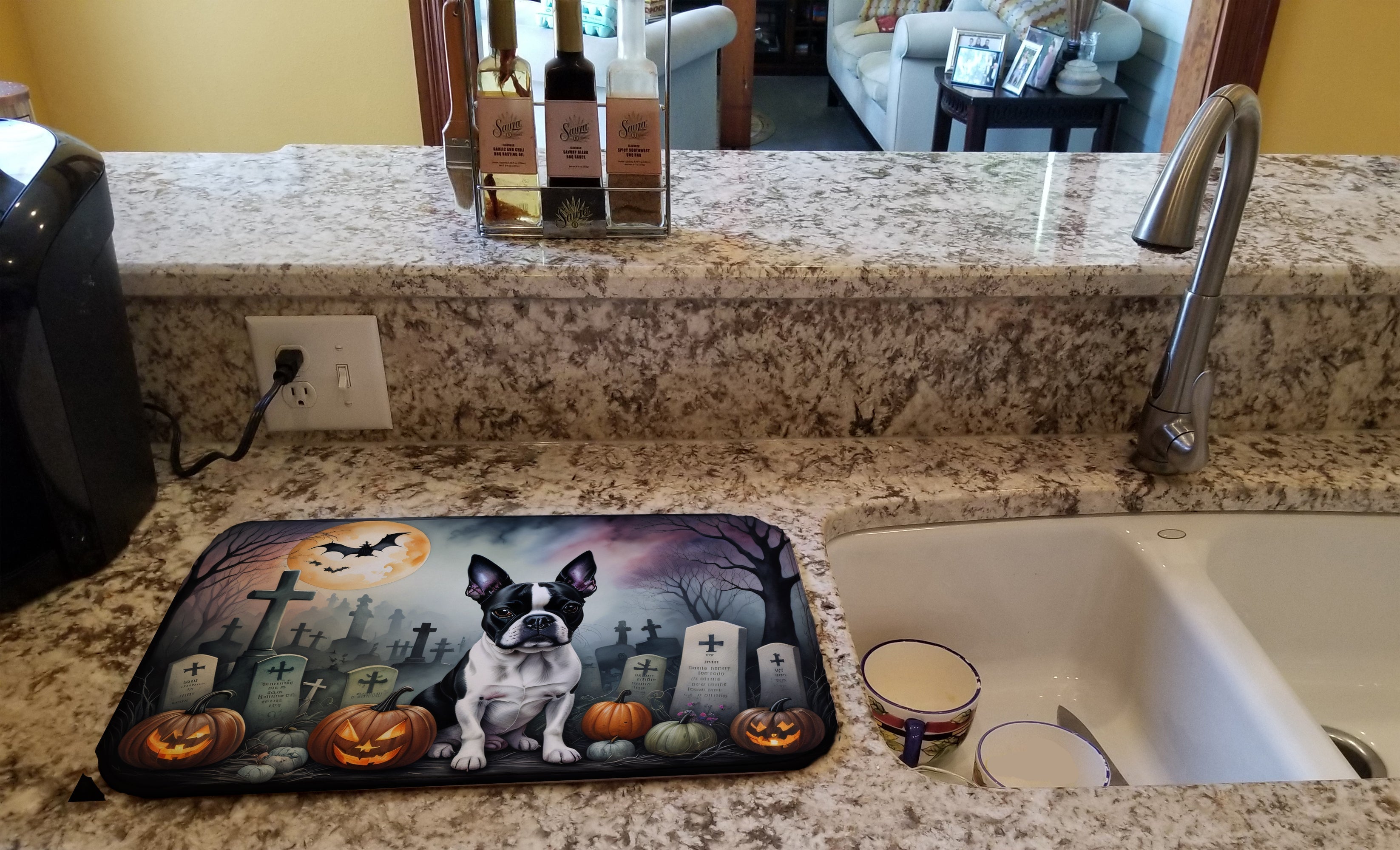 Boston Terrier Spooky Halloween Dish Drying Mat Absorbent Dish Drying Mat Pad for Kitchen Counter Dish Drainer Mat for Countertop, 14 x 21", Multicolor
