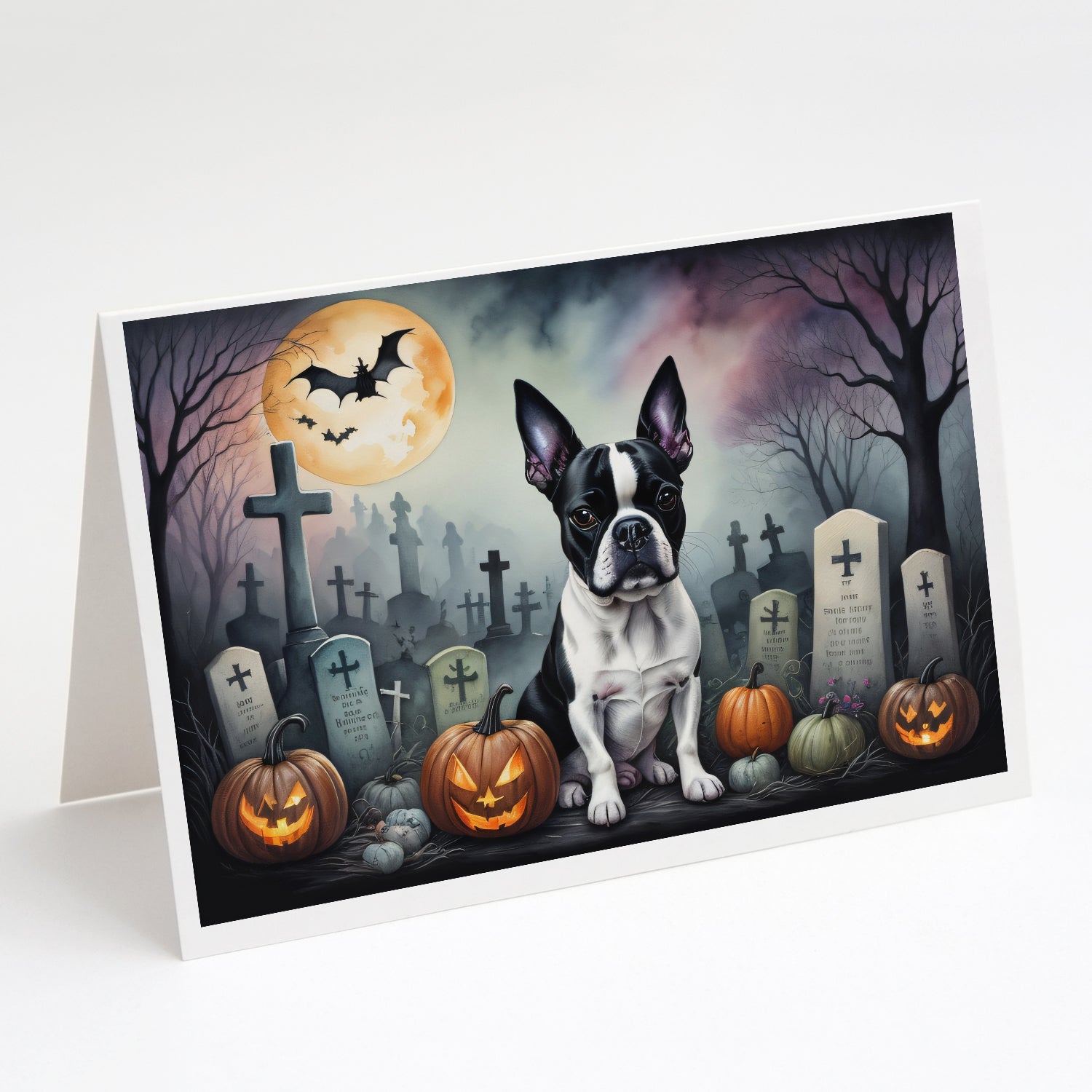 Boston Terrier Spooky Halloween Greeting Cards Pack of 8 Blank Cards with Envelopes Whimsical A7 Size 5x7