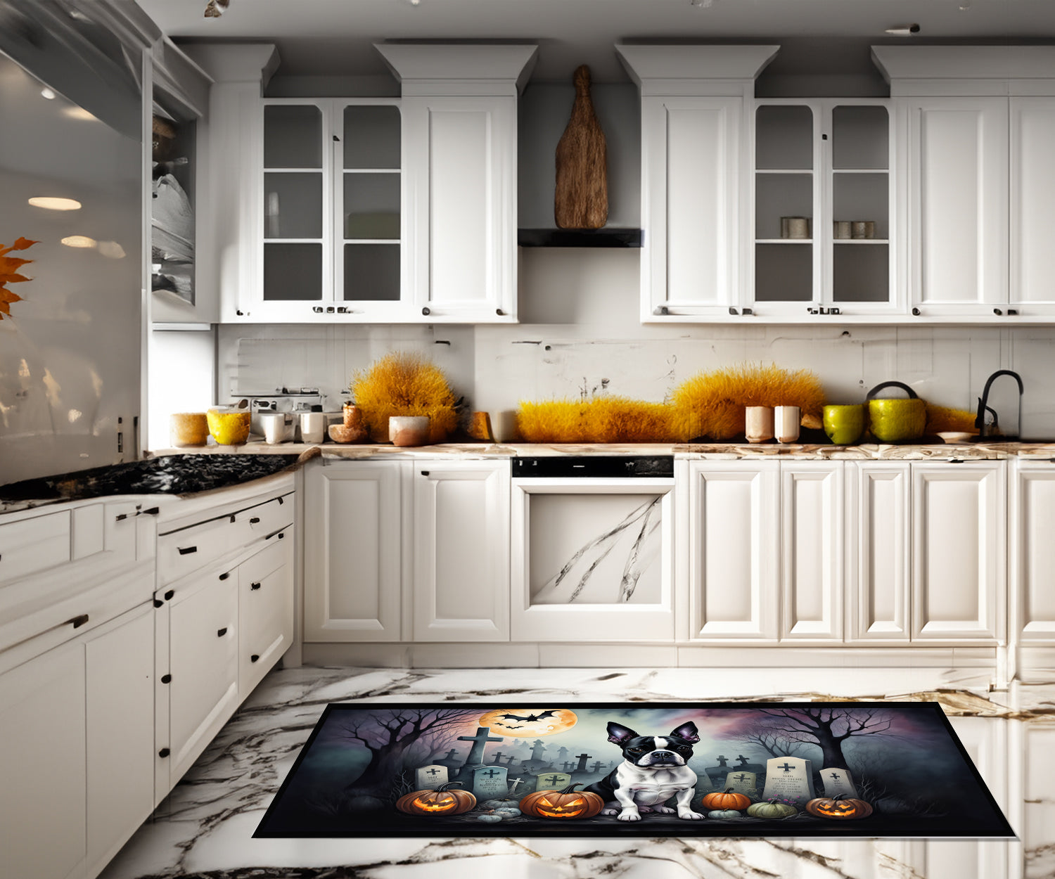 Boston Terrier Spooky Halloween Runner Mat 28x58 Front Door Mat Indoor Outdoor Rugs for Entryway Hallway Foyer Non Slip Washable Wide Doormat