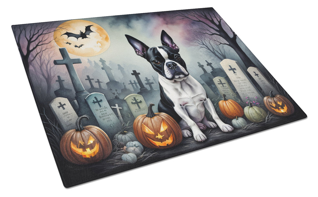 Boston Terrier Spooky Halloween Cutting Board Tempered Glass Kitchen Cutting Surface, Heat Resistant Chopping, Non-Slip Feet, Food Prep & Serving