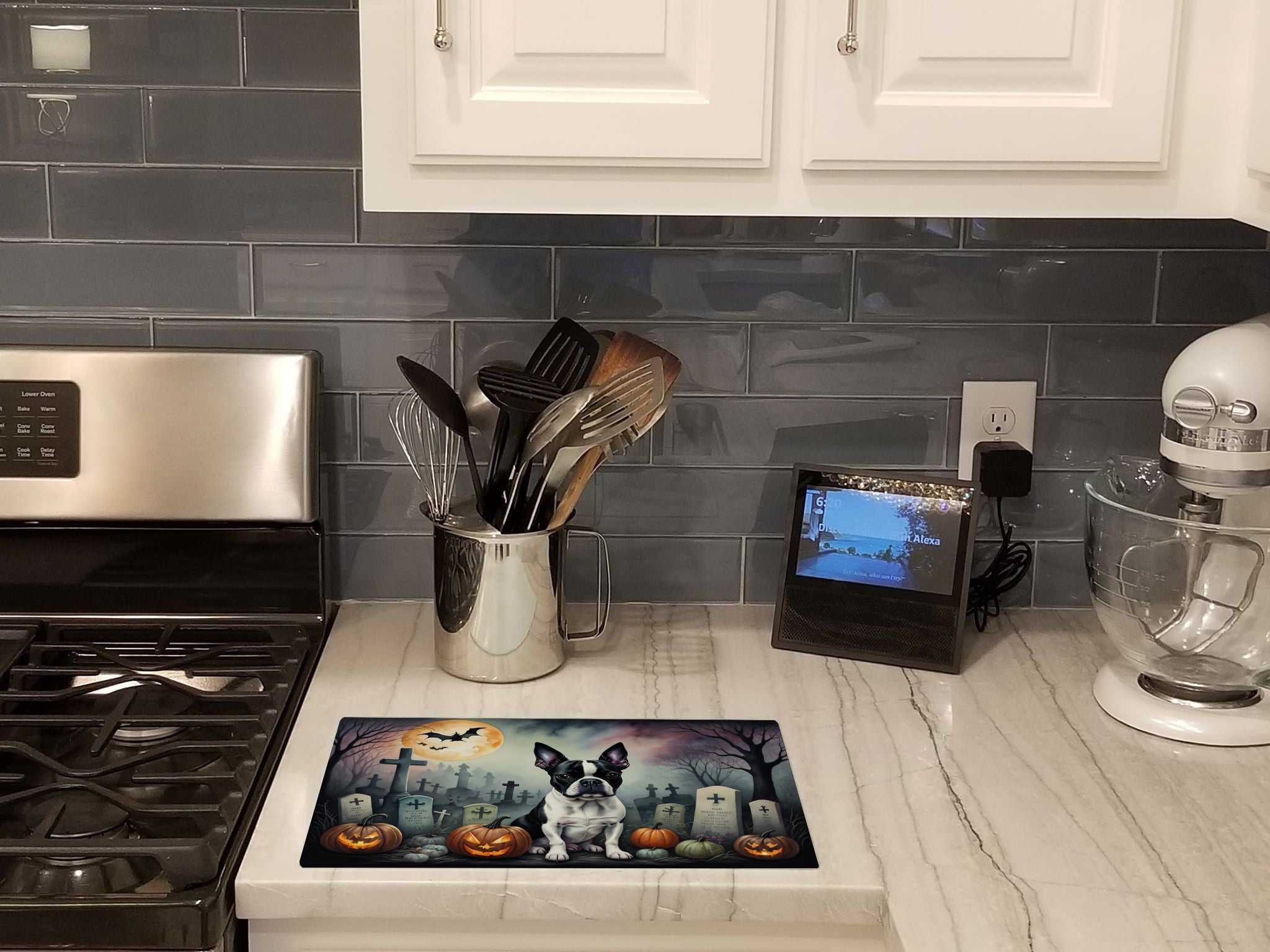 Boston Terrier Spooky Halloween Cutting Board Tempered Glass Kitchen Cutting Surface, Heat Resistant Chopping, Non-Slip Feet, Food Prep & Serving