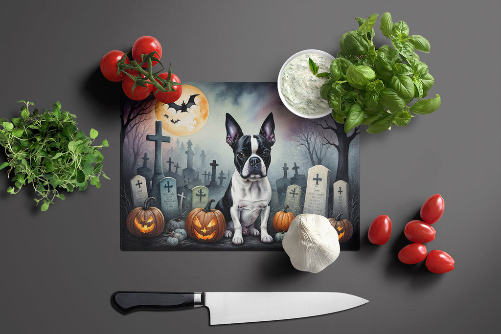 Boston Terrier Spooky Halloween Cutting Board Tempered Glass Kitchen Cutting Surface, Heat Resistant Chopping, Non-Slip Feet, Food Prep & Serving