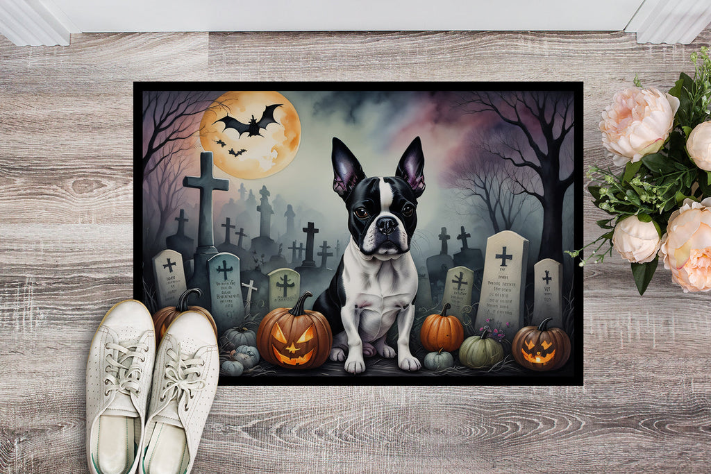 Boston Terrier Spooky Halloween Doormat Indoor Outdoor 18H X 27W Front Door Mat Rugs for Entryway, Non Slip Washable