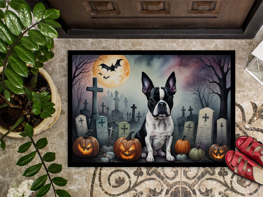Boston Terrier Spooky Halloween Doormat Indoor Outdoor 18H X 27W Front Door Mat Rugs for Entryway, Non Slip Washable