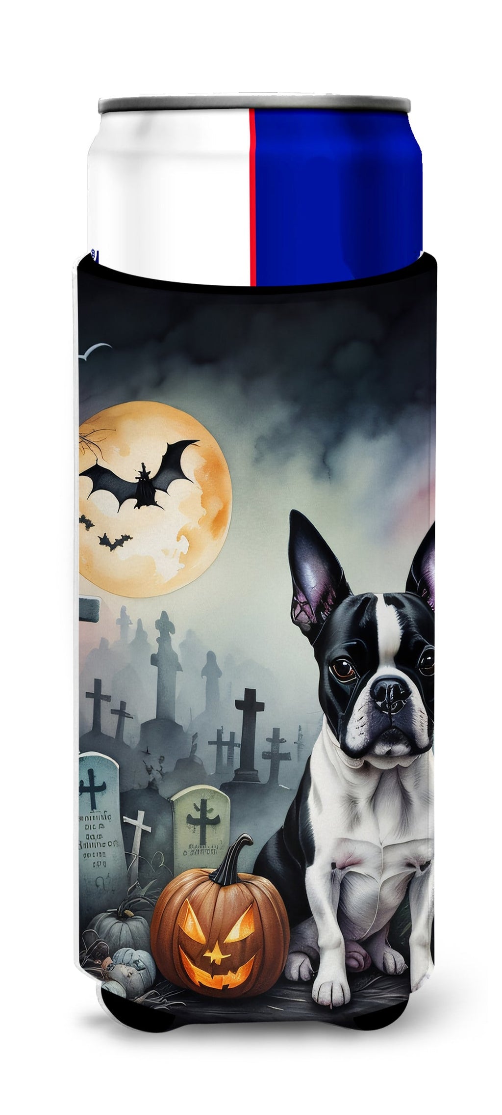 Boston Terrier Spooky Halloween Slim Can Hugger , Insulated Foam Hugger for 12 oz Slim Cans, Beer Bottles & Water Bottles, Printed in USA