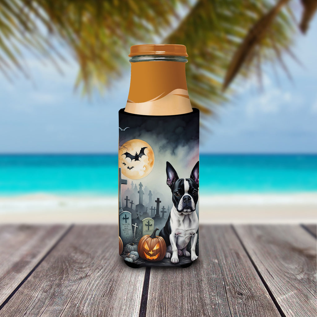 Boston Terrier Spooky Halloween Slim Can Hugger , Insulated Foam Hugger for 12 oz Slim Cans, Beer Bottles & Water Bottles, Printed in USA