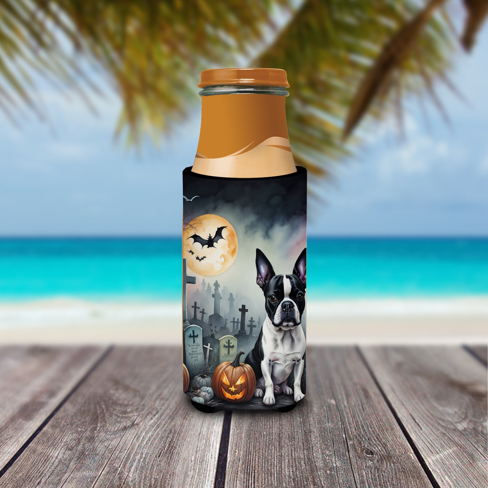 Boston Terrier Spooky Halloween Slim Can Hugger , Insulated Foam Hugger for 12 oz Slim Cans, Beer Bottles & Water Bottles, Printed in USA