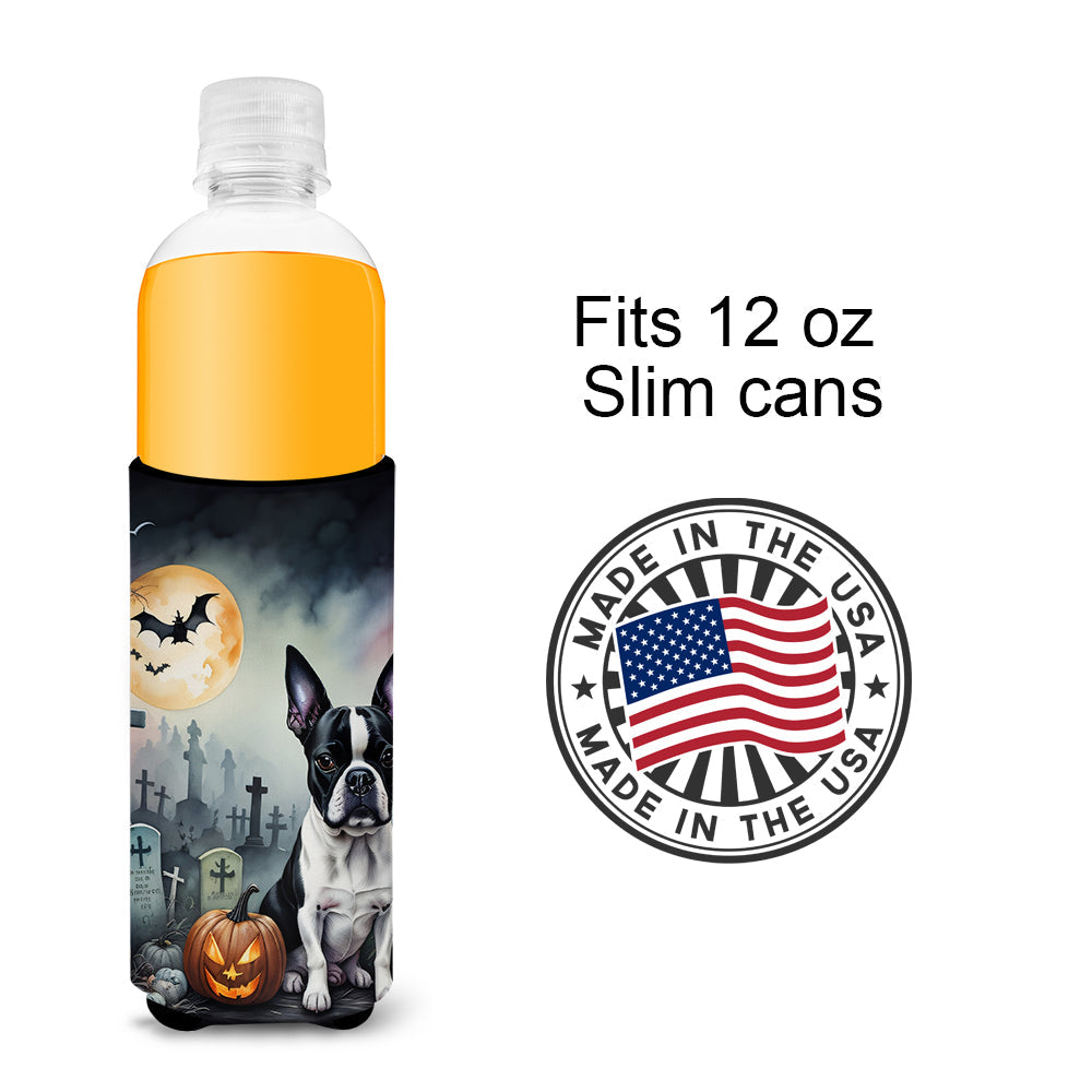 Boston Terrier Spooky Halloween Slim Can Hugger , Insulated Foam Hugger for 12 oz Slim Cans, Beer Bottles & Water Bottles, Printed in USA