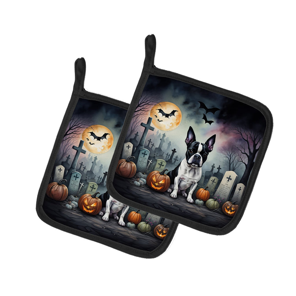 Boston Terrier Spooky Halloween Pot Holder Set of 2 Heat Resistant Quilted Hot Pads 7.5 x 7.5 Inch, Insulated Kitchen Trivets for Cooking & Baking