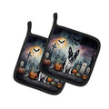 Boston Terrier Spooky Halloween Pot Holder Set of 2 Heat Resistant Quilted Hot Pads 7.5 x 7.5 Inch, Insulated Kitchen Trivets for Cooking & Baking