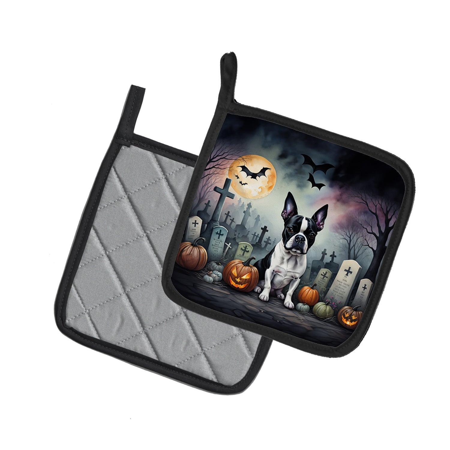 Boston Terrier Spooky Halloween Pot Holder Set of 2 Heat Resistant Quilted Hot Pads 7.5 x 7.5 Inch, Insulated Kitchen Trivets for Cooking & Baking