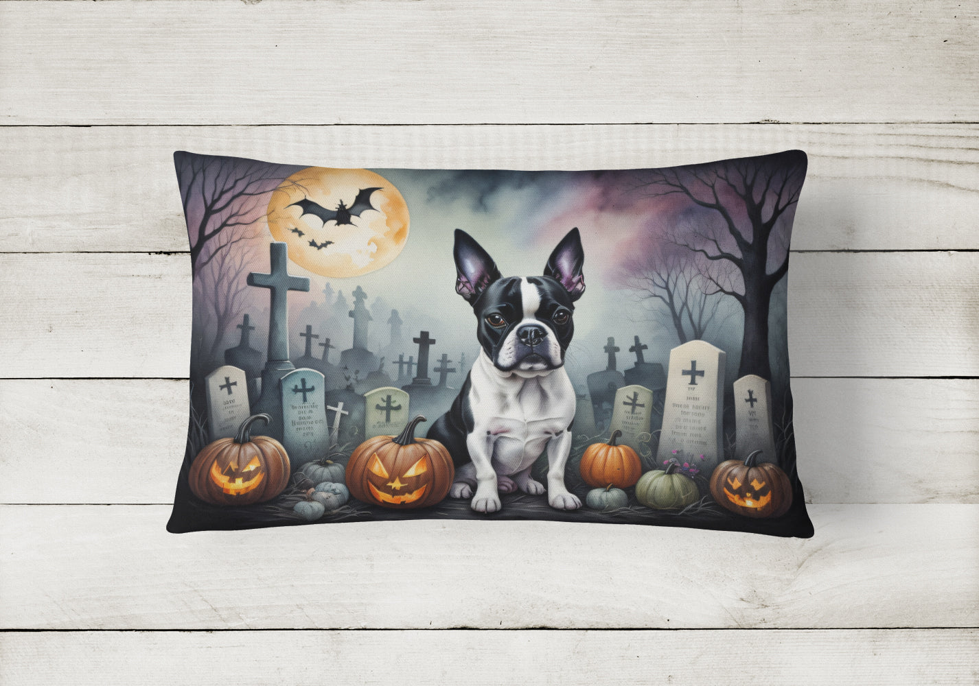 Boston Terrier Spooky Halloween Decorative Throw Pillow 12x16 Indoor Outdoor Accent Cushion, Fabric Cover with Insert for Sofa, Bed, Porch & Living Room