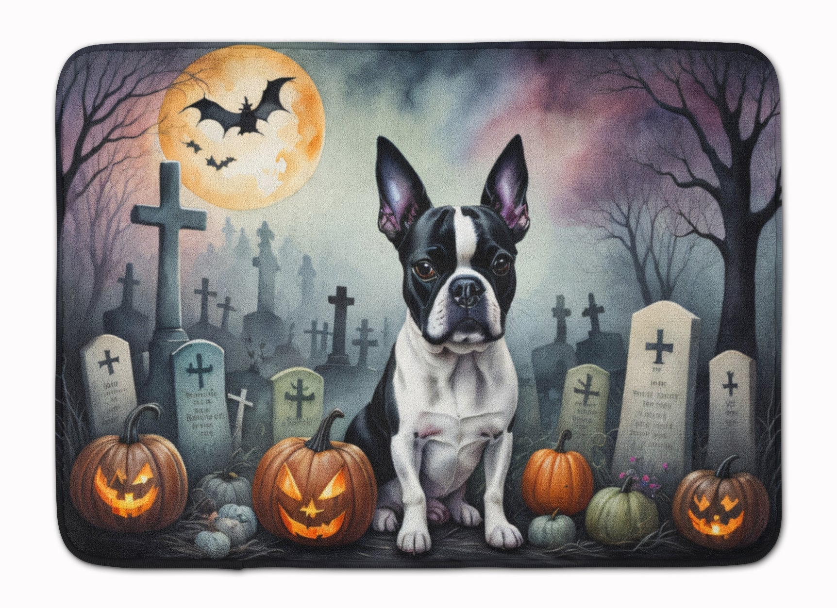 Boston Terrier Spooky Halloween Memory Foam Kitchen Mat Machine Washable Anti-Fatigue Cushion Comfort Bath or Kitchen Rug