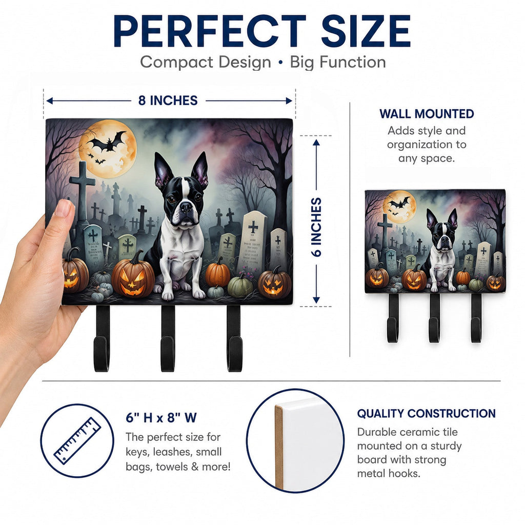 Boston Terrier Spooky Halloween Leash or Key Holder Wall Hooks, Coat Rack Wall Mount, for Hanging Keys, Towels, Aprons, Leashes