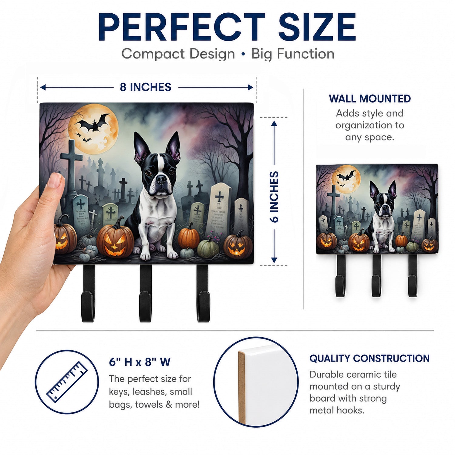 Boston Terrier Spooky Halloween Leash or Key Holder Wall Hooks, Coat Rack Wall Mount, for Hanging Keys, Towels, Aprons, Leashes