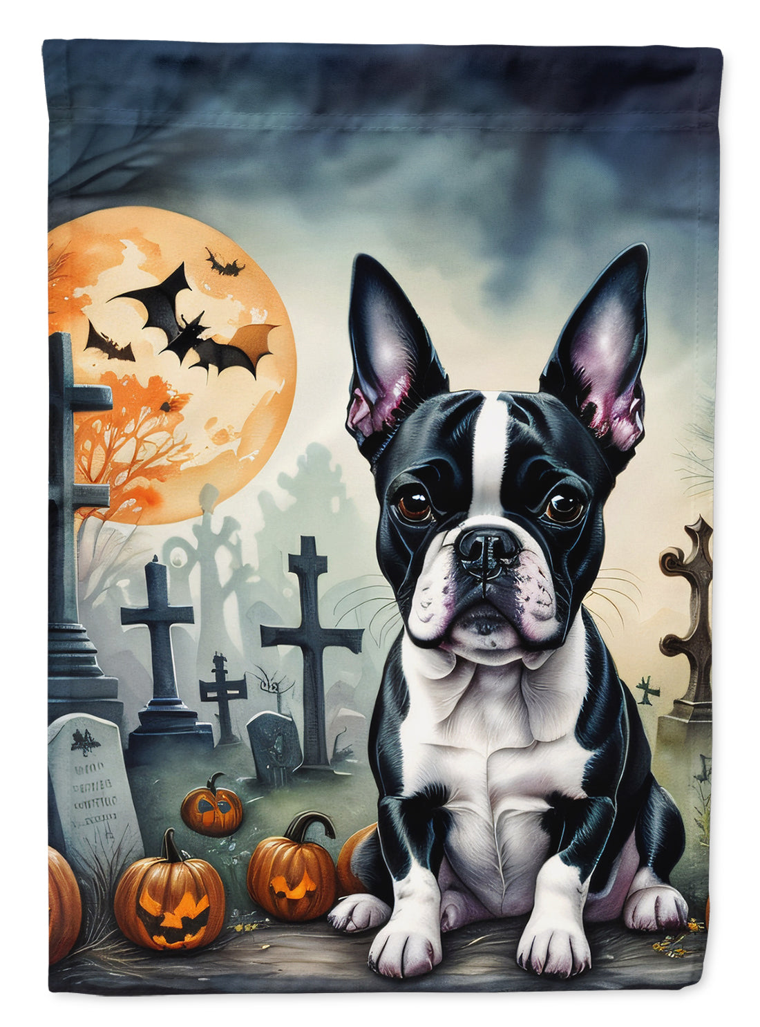Boston Terrier Spooky Halloween House Flag 28x40 Porch Sleeve Pole Decorative Outside Yard Banner Artwork Wall Hanging, Polyester