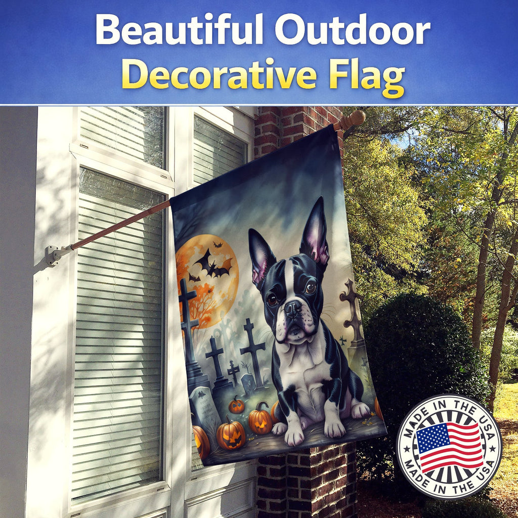 Boston Terrier Spooky Halloween House Flag 28x40 Porch Sleeve Pole Decorative Outside Yard Banner Artwork Wall Hanging, Polyester