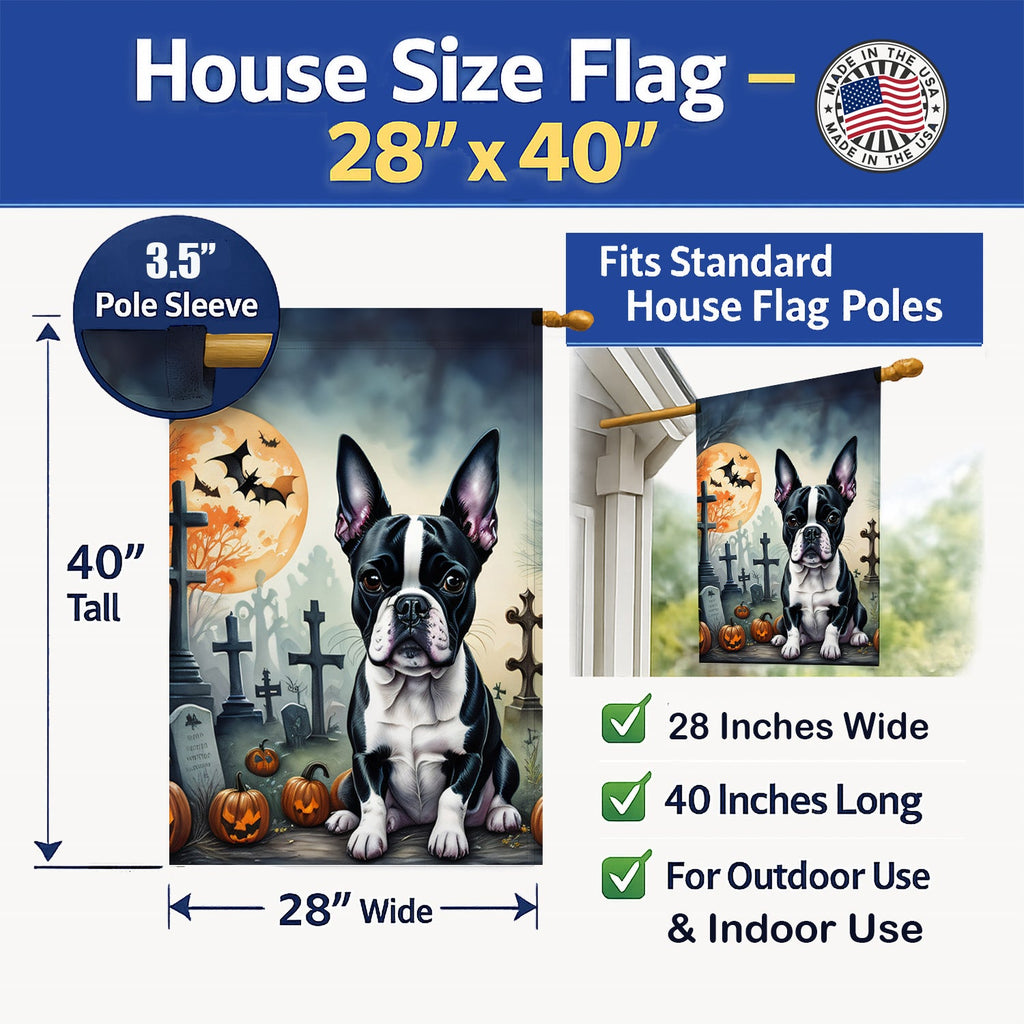 Boston Terrier Spooky Halloween House Flag 28x40 Porch Sleeve Pole Decorative Outside Yard Banner Artwork Wall Hanging, Polyester