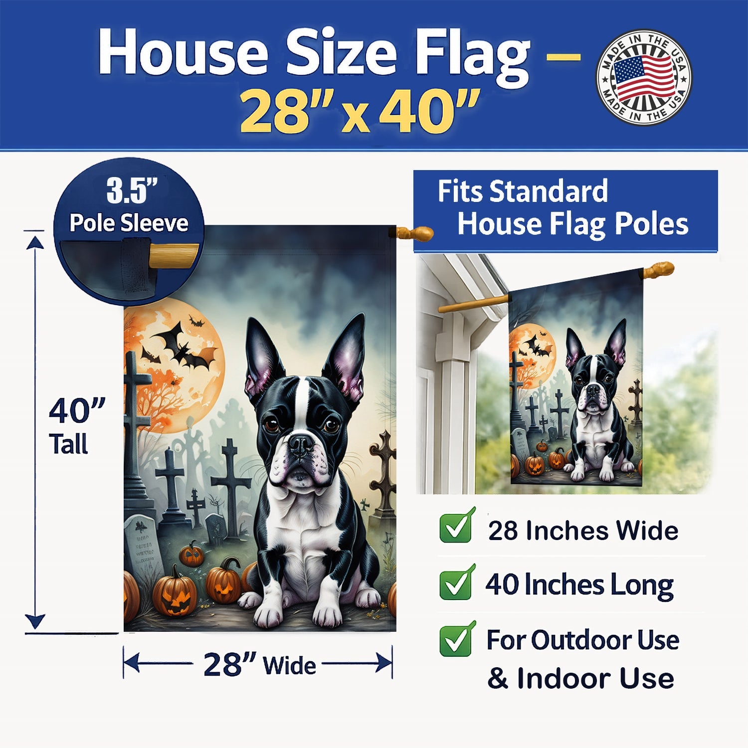 Boston Terrier Spooky Halloween House Flag 28x40 Porch Sleeve Pole Decorative Outside Yard Banner Artwork Wall Hanging, Polyester