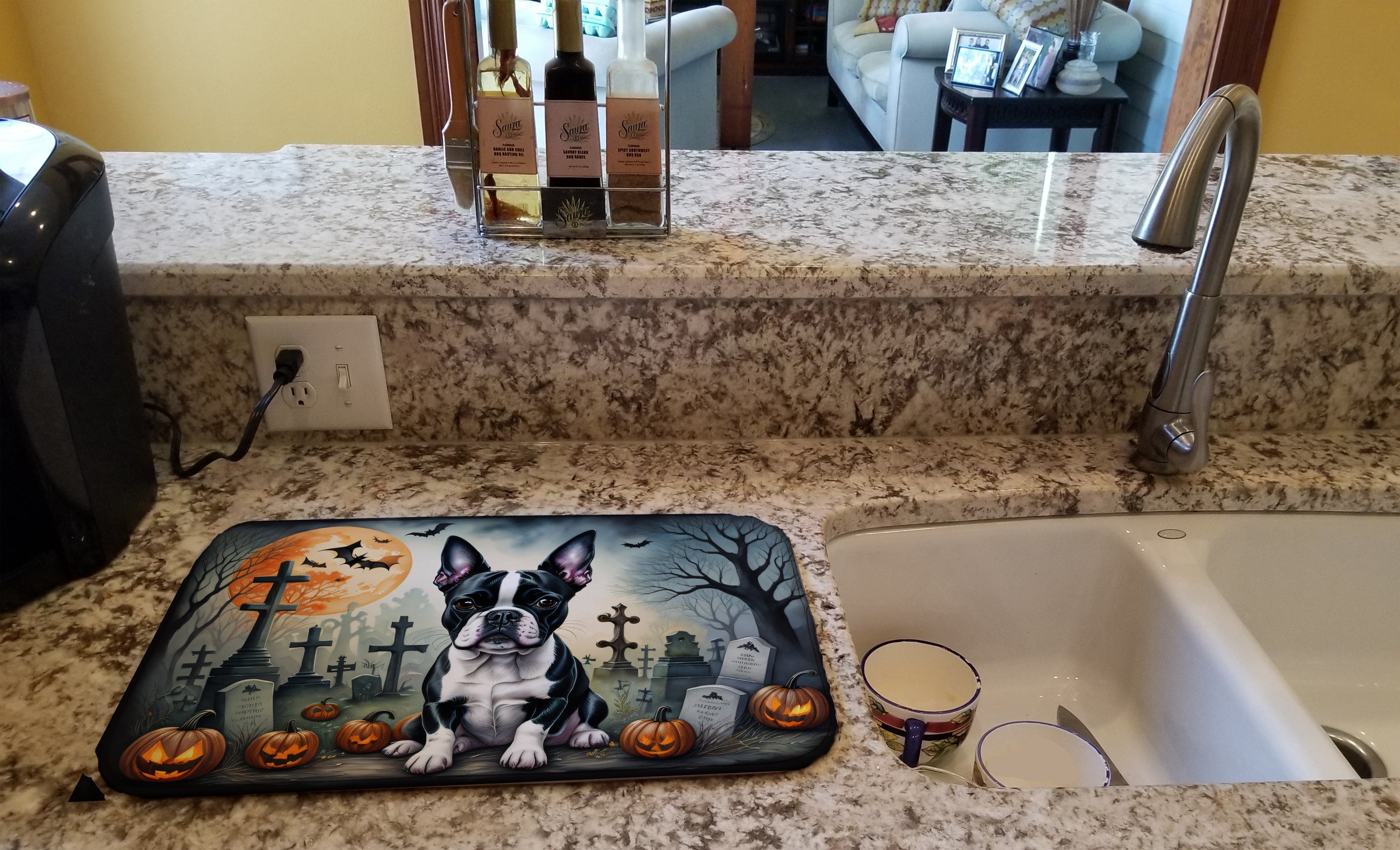 Boston Terrier Spooky Halloween Dish Drying Mat Absorbent Dish Drying Mat Pad for Kitchen Counter Dish Drainer Mat for Countertop, 14 x 21", Multicolor