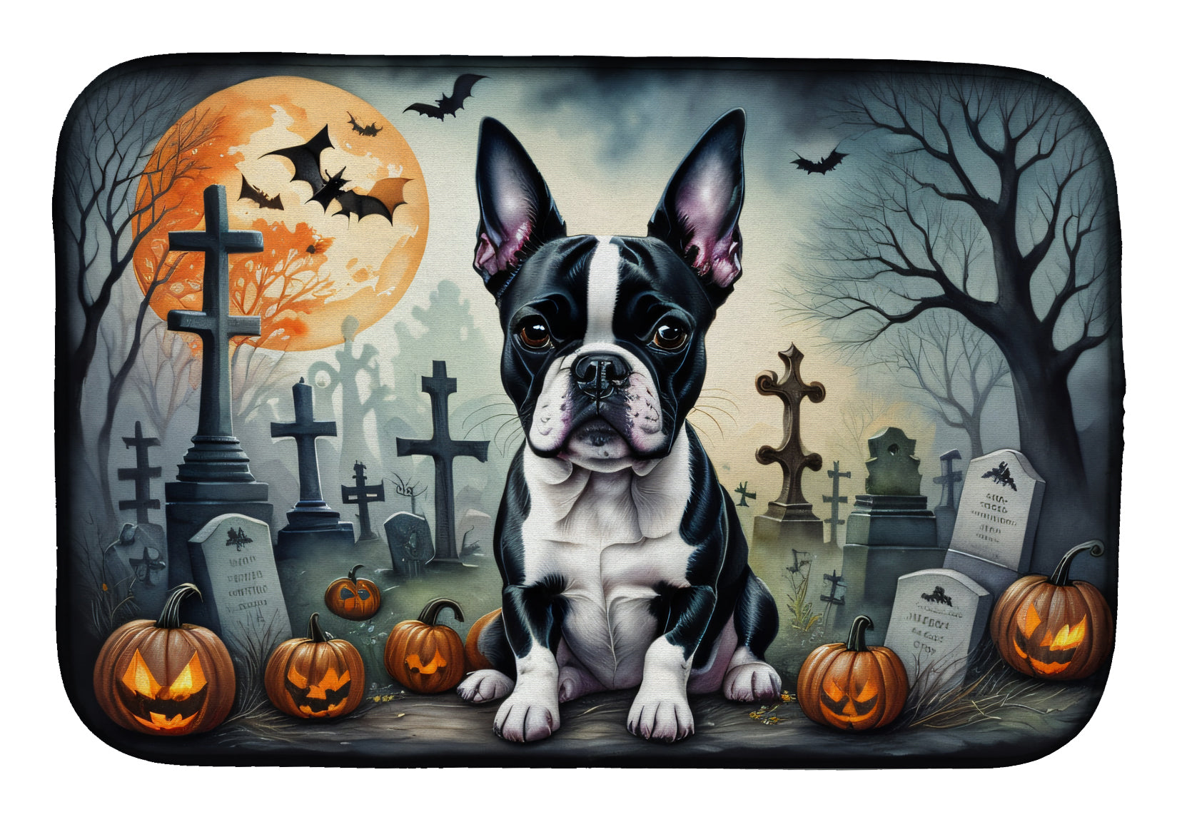 Boston Terrier Spooky Halloween Dish Drying Mat Absorbent Dish Drying Mat Pad for Kitchen Counter Dish Drainer Mat for Countertop, 14 x 21", Multicolor