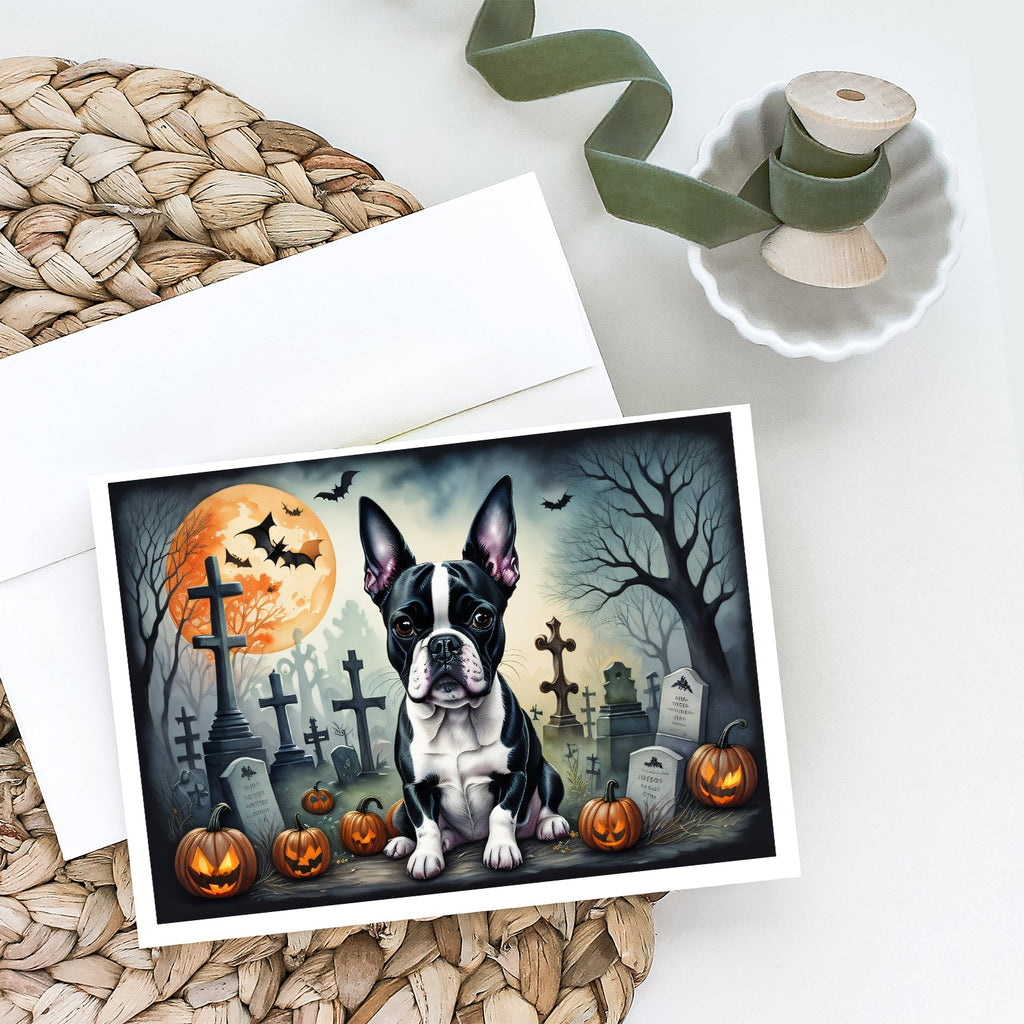 Boston Terrier Spooky Halloween Greeting Cards Pack of 8 Blank Cards with Envelopes Whimsical A7 Size 5x7