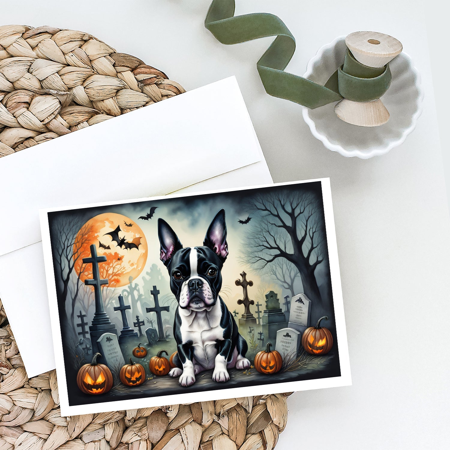 Boston Terrier Spooky Halloween Greeting Cards Pack of 8 Blank Cards with Envelopes Whimsical A7 Size 5x7