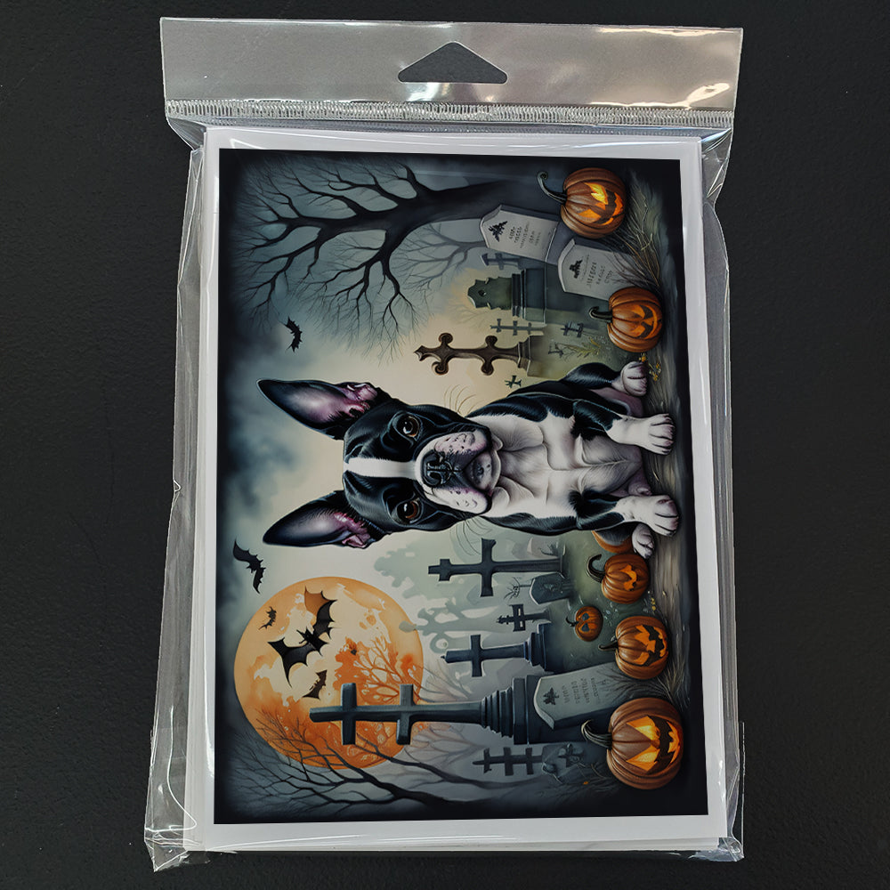 Boston Terrier Spooky Halloween Greeting Cards Pack of 8 Blank Cards with Envelopes Whimsical A7 Size 5x7