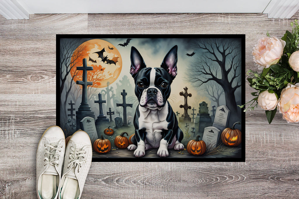 Boston Terrier Spooky Halloween Doormat Indoor Outdoor 24H X 36W Front Door Mat Rugs for Entryway, Non Slip Washable Low Pile,