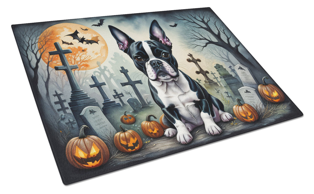 Boston Terrier Spooky Halloween Cutting Board Tempered Glass Kitchen Cutting Surface, Heat Resistant Chopping, Non-Slip Feet, Food Prep & Serving