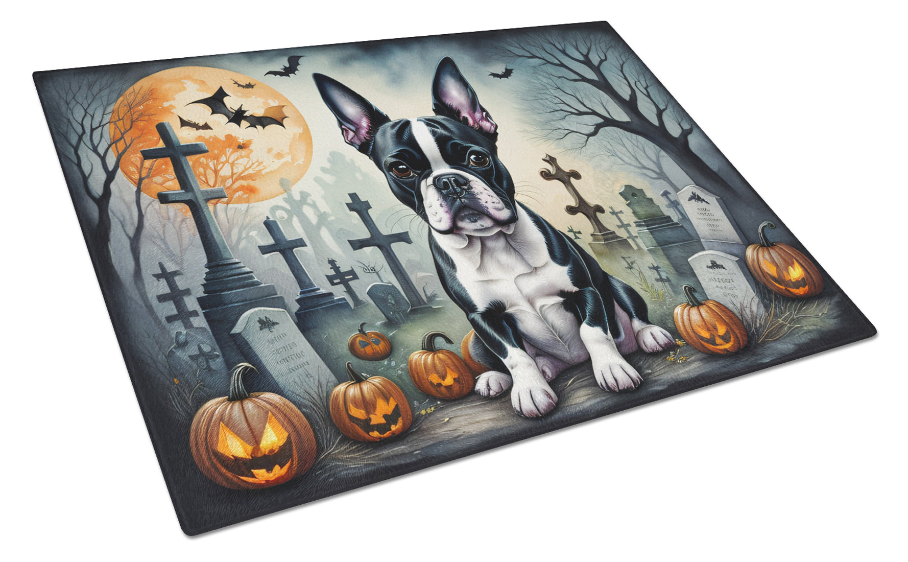 Boston Terrier Spooky Halloween Cutting Board Tempered Glass Kitchen Cutting Surface, Heat Resistant Chopping, Non-Slip Feet, Food Prep & Serving