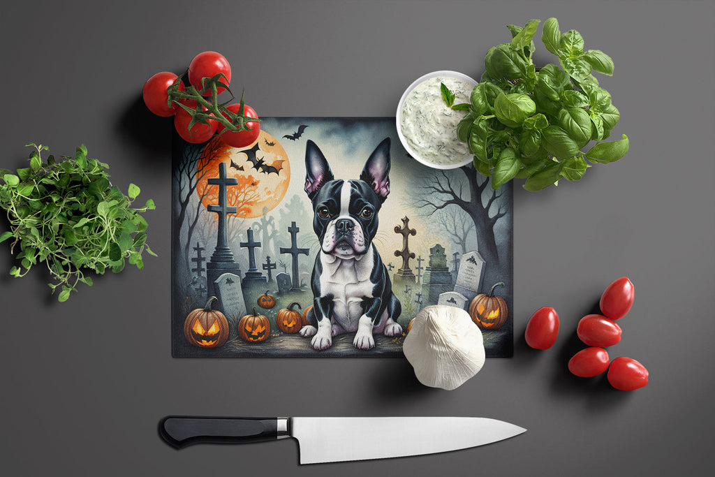 Boston Terrier Spooky Halloween Cutting Board Tempered Glass Kitchen Cutting Surface, Heat Resistant Chopping, Non-Slip Feet, Food Prep & Serving